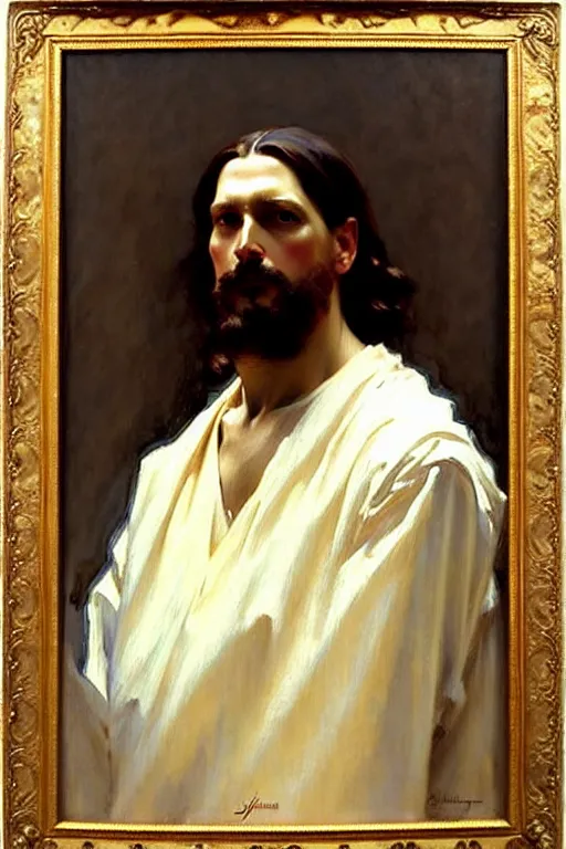 Image similar to leyendecker and solomon joseph solomon and richard schmid and jeremy lipking victorian loose genre loose painting full length portrait painting of jesus