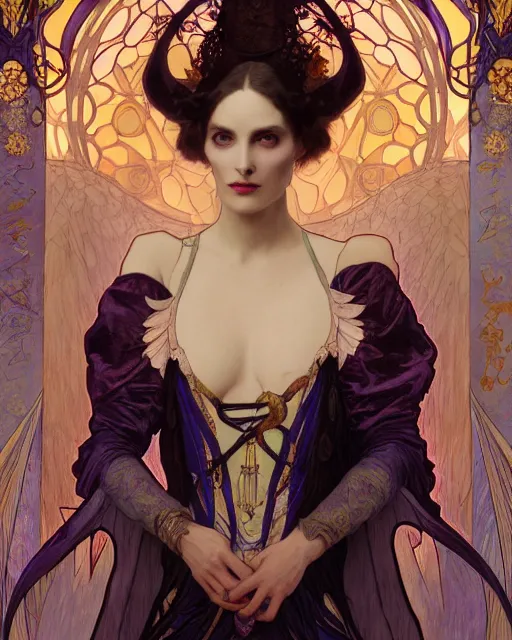 Image similar to wlop and alfons mucha detailed portrait digital rococo painting of a beautiful serious villainess wearing fantasy clothing like liliana vess, villainess has black angel wings, evil mood, hellish battlefield in the background, unreal engine, embers flying, hyper realism, realistic shading, cinematic composition, blender render, octane render, ultrawide shot