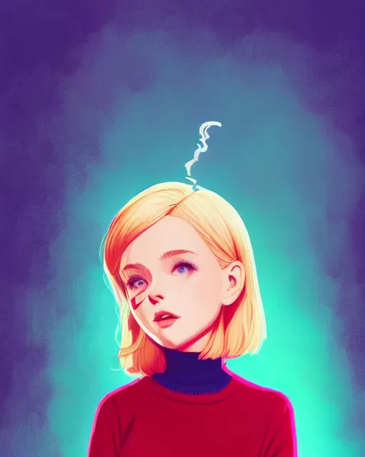 Image similar to digital illustration of pretty girl sabrina with short blonde hair wearing a sweater, from alice in wonderland, smoking, in a wonderland forest at night, by ilya kuvshinov, lois van baarle, rossdraws, basquiat