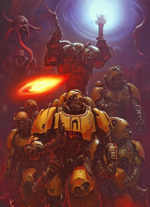 Prompt: ( doom ) cover featuring doom guy!! space marine!! surrounded by demons, by jimmy presler, artstation, vivid gaze