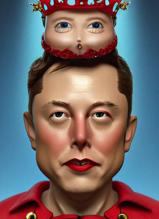 Prompt: closeup face profile portrait of tin toy elon musk as a fairytale prince wearing a crown eating cakes, depth of field, zeiss lens, detailed, symmetrical, centered, fashion photoshoot, by nicoletta ceccoli, mark ryden, lostfish, breathtaking, 8 k resolution, extremely detailed, beautiful, establishing shot, artistic, hyperrealistic, octane render