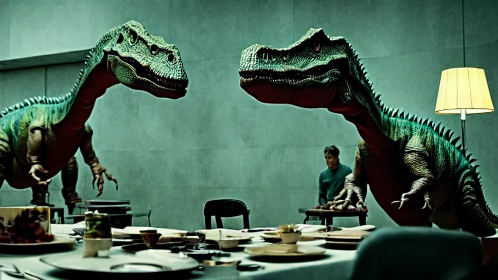 Image similar to the strange dinosaur sits at a table, film still from the movie directed by Denis Villeneuve with art direction by Salvador Dalí, long lens, shallow depth of field