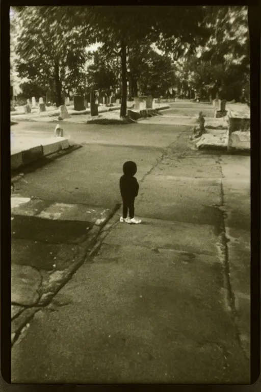 Image similar to photo polaroid of sad and lonely child in the middle of the street, in front of him is a cemetery graves, loneliness, black and white ,photorealistic, 35mm film,