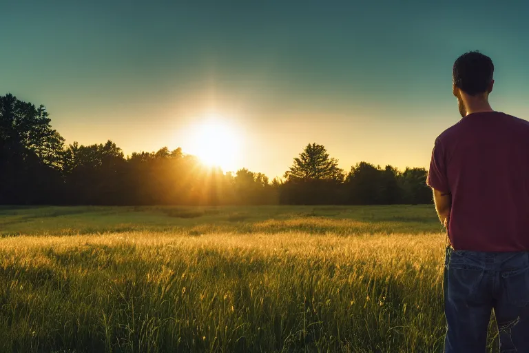 Image similar to Man stands on a meadow, 8k Photography, Golden hour