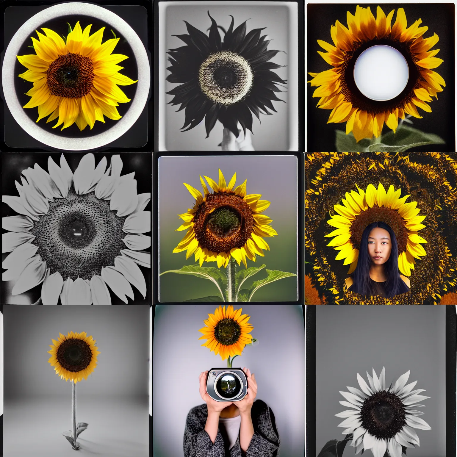 Prompt: a sunflower with a human at its center, polaroid, harsh flash, hard flash, 8 k realistic photography