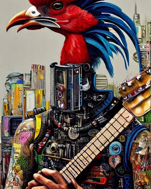 Image similar to a portrait of an anthropomorphic cyberpunk rooster picking on a banjo by sandra chevrier, by jon foster, detailed render, tape deck, epic composition, cybernetics, 4 k realistic, cryengine, realistic shaded lighting, sharp focus, masterpiece, by enki bilal