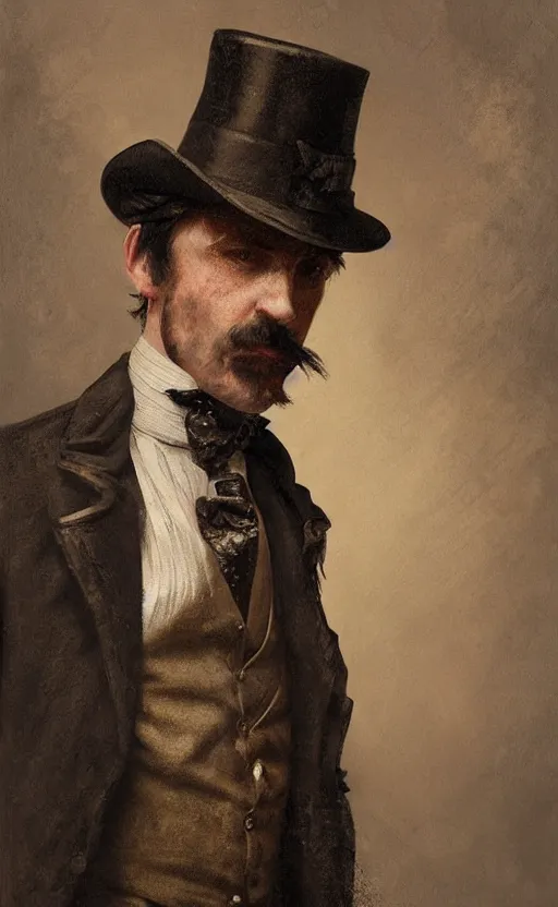 Image similar to Portrait of a victorian gentleman wearing a waistcoat, male, detailed face, victorian, highly detailed, cinematic lighting, digital art painting by greg rutkowski