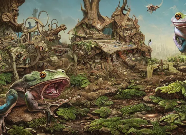 Image similar to frogs and mice, lowbrow, matte painting, 3 - d highly detailed, style of greg simkins r,