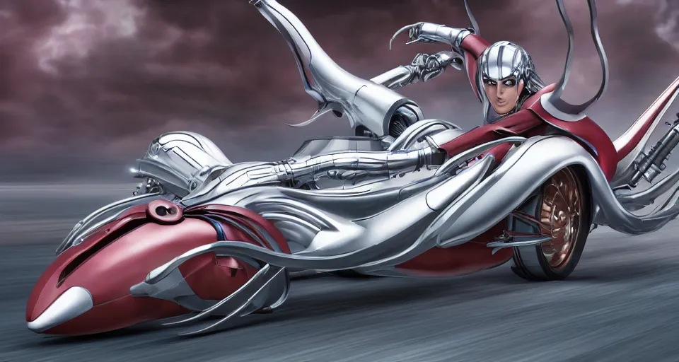 Image similar to Speed Racer Designed By Moebius Yasushi Nirasawa and HR Giger, full body action pose, hyperrealistic, octane render, HDR, volumetric lighting,