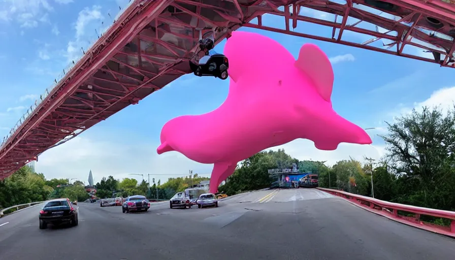 Image similar to a giant pink whale falling out of a blue sky onto cars on a busy bridge