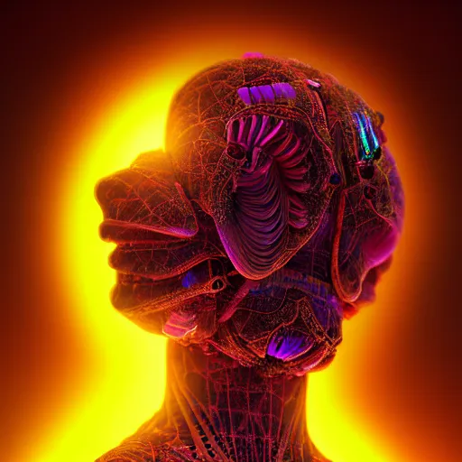 Prompt: psychedelic organic cyborg, realism, extreme detail, real life, key art, soft light, volumetric light, photo by albert aublet