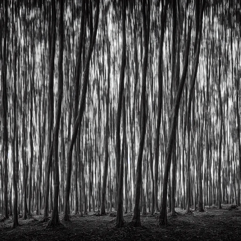 Image similar to long exposure photograph of eucalyptus trees moving by a strong wind, back light, sony ar 7 ii, photographed by trent parke