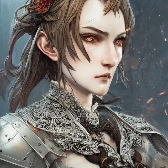 Image similar to the portrait of neutral evil fallen female knight vagabond as absurdly beautiful, conniving, elegant, sophisticated, woman, an ultrafine hyperdetailed illustration by kim jung gi, irakli nadar, intricate linework, bright colors, octopath traveler, final fantasy, unreal engine 5 highly rendered, global illumination, radiant light, detailed and intricate environment