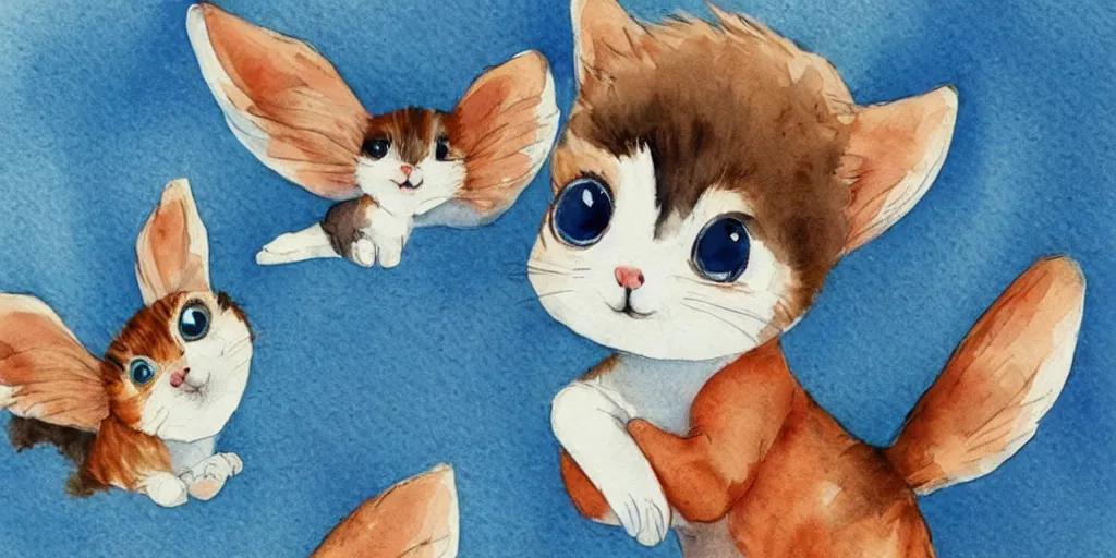 Image similar to watercolor illustration style, flying cute cats with tiny blue wings