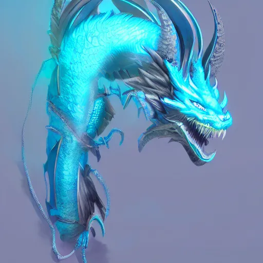 Image similar to a concept art of a whole cyan chinese dragon, highly detailed, cyberpunk style, 4 k, artstation, digital art, rendered in unreal engine, soft illumination.