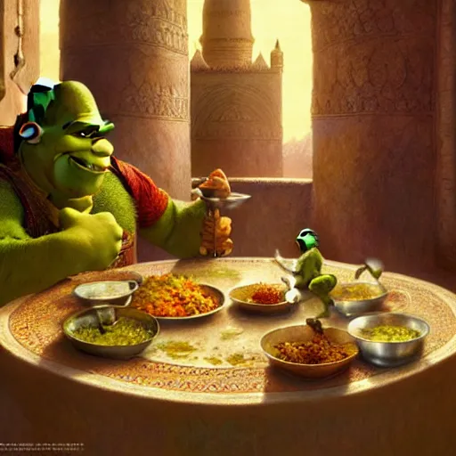 Image similar to shrek eats couscous with his family, moroccan festival, highly detailed, digital painting, artstation, concept art, sharp focus, illustration, art by greg rutkowski and alphonse mucha