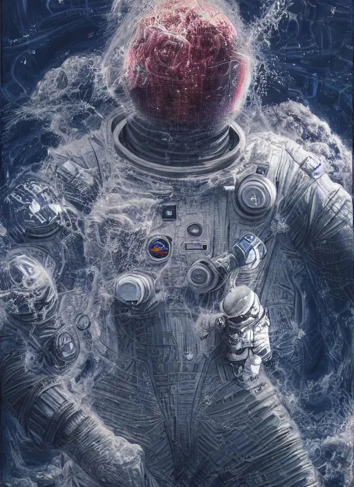 Image similar to astronaut in dark void underwater - complex and hyperdetailed technical suit design. reflection and dispersion materials. rays and dispersion of light. volumetric light. f / 3 2. noise film photo. flash photography. ultra realistic, 5 0 mm. poster by wayne barlowe, hajime sorayama aaron horkey, craig mullins