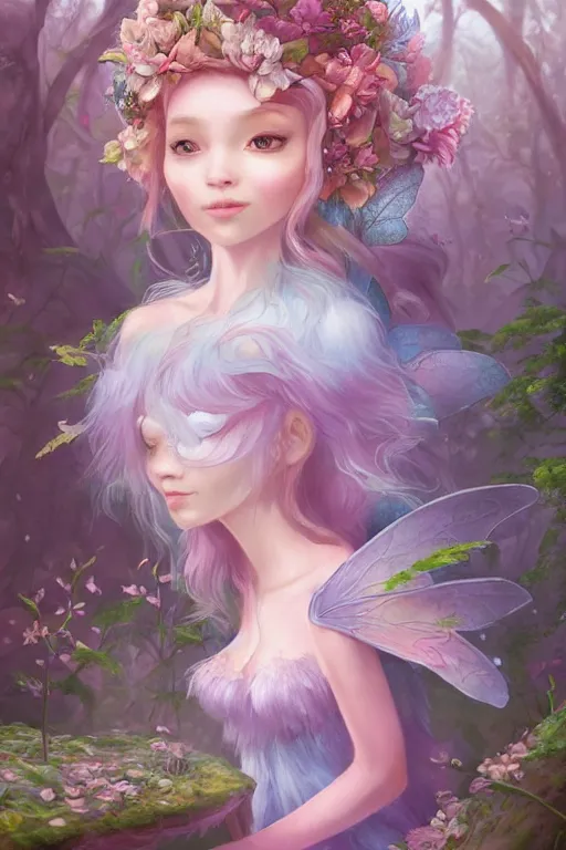 Image similar to a cute and geogerous fairy in the dreamy forest, fantasy, dreamlike, 8 k resolution, hyper detailed, d & d, character design, digital painting, trending on artstation, sharp focus, illustration, art by viktoria gavrilenko, hoang lap, fuji choko, steve zheng,