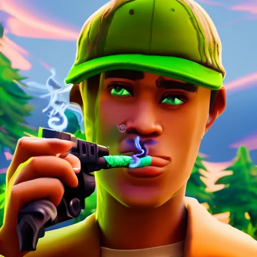 Image similar to close up photograph of very high on weed fortnite guy, stoner eyes, fortnite guy smoked weed, weed background, smoking a blunt, 8 k resolution