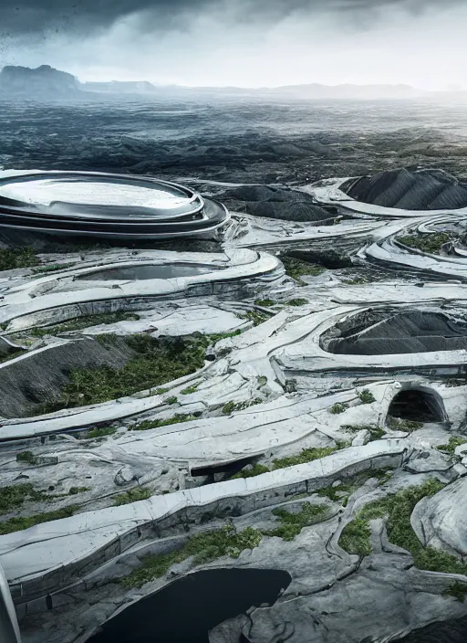 Image similar to techno chuquicamata bioremediation white mining tailing futuristic horizontal architecture, epic, cinematic, hyperealistic, high detailed, corona render, hdr, ray tracing