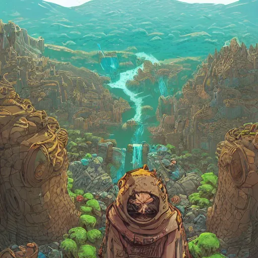 Image similar to cell shaded adult animation, a birds eye view overlooking a walled off ancient fantasy city being attacked by horrific monsters, surrounded by mountains and trees of greens and browns, rivers, concept art by josan gonzales and wlop, Laurie Greasley, Jordan Grimmer, Beksiński and james jean, highly detailed, sharp focus, Trending on Artstation, HQ, deviantart, art by artgem