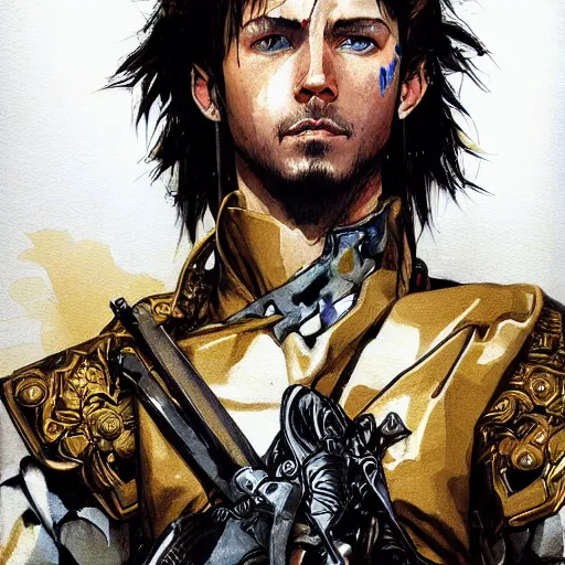 Image similar to portrait of a white young hero holding his sword in front of his face by yoji shinkawa, high quality, extra details, realism, ornate, colored, golden chain, blood, white skin, short hair, brown eyes, vivid, sunlight, dynamic, american man, freedom, white american soldier, painting