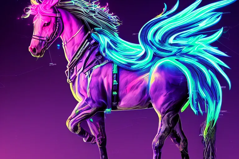 Image similar to a stunning cyberpunk horse with bioluminescent mane and tail by sandra chevrier and greg rutkowski, neon hooves, purple blue color scheme, vaporware, retro, outrun, high key lighting, volumetric light, digital art, highly detailed, fine detail, intricate, ornate, complex, octane render, unreal engine, photorealistic