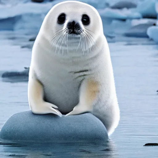 Image similar to a film still of a baby harp seal as James Bond in Skyfall