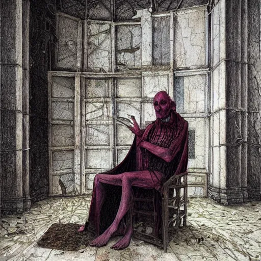 Prompt: a hyperrealistic portrait painting of an ancient vampire wearing a velvet cape, in a derelict library, by santiago caruso, highly detailed,