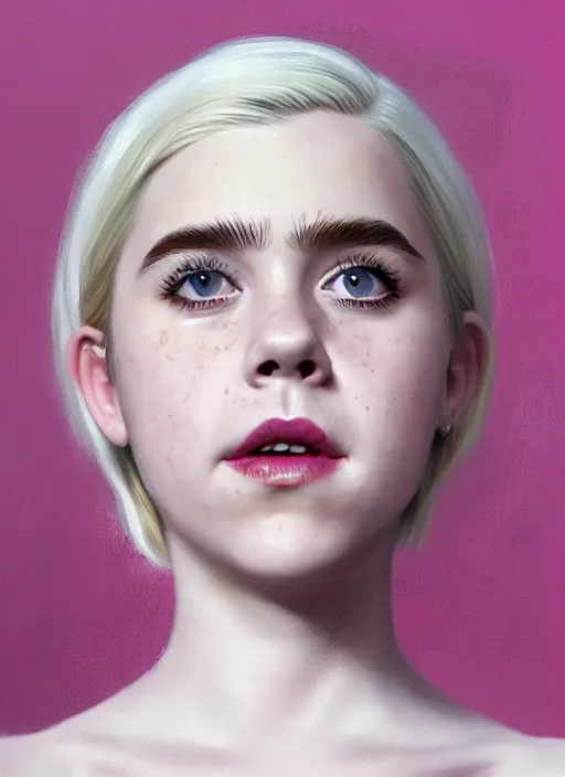 Image similar to full body portrait, kiernan shipka as sabrina spellman, white hair, obese, bangs, sultry, realistic, sultry smirk, fluffy bangs, freckles, fat, belly, intricate, elegant, highly detailed, digital painting, artstation, concept art, smooth, sharp focus, illustration, art by wlop, mars ravelo and greg rutkowski