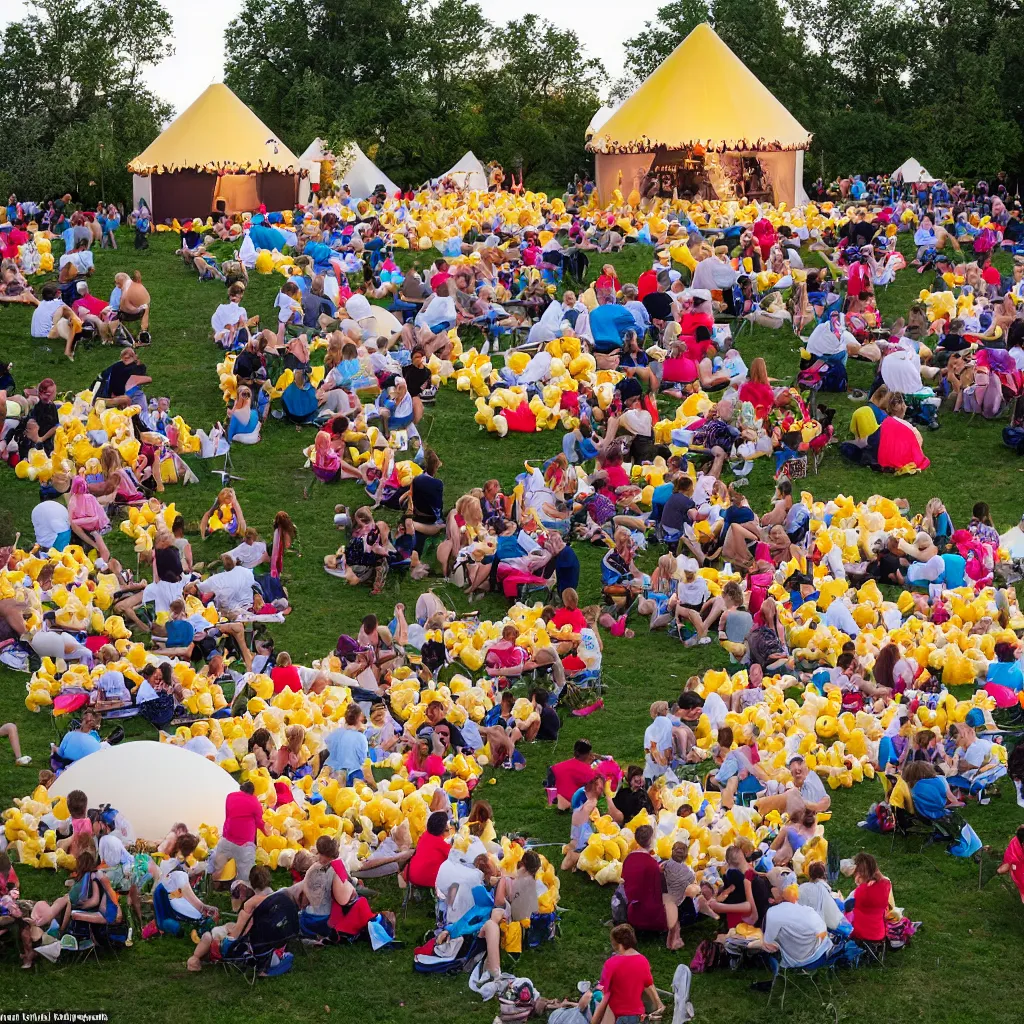 Image similar to festival theme camp called the poppin'kernels, with giant popcorn and movie projector outdoors at dusk