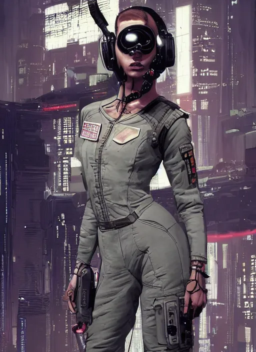 Prompt: Beautiful Ella. Gorgeous female cyberpunk mercenary wearing a cyberpunk headset, military vest, and pilot jumpsuit. gorgeous face. Concept art by James Gurney and Laurie Greasley. Moody Industrial skyline. ArtstationHQ. Realistic Proportions. Creative character design for cyberpunk 2077.