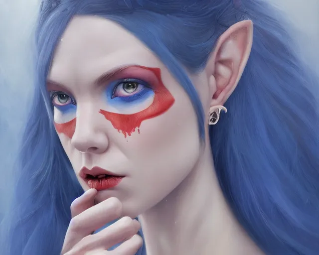 Image similar to A detailed matte oil on canvas head on symmetrical portrait of a distinguished elven woman with red and blue hair on an empty background, by Charlie bowater, Lise Deharme, Wlop, trending on artstationhd, dungeons and dragons art, parted hair , half blue, half red , split dye, critical role