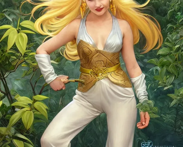 Prompt: dove cameron as marle from chrono trigger with orange - blonde ponytail and wearing middle eastern white jumpsuit with gold belt, casting ice magic, green plants, intricate, elegant, highly detailed, digital painting, artstaion, concept art, smooth, sharp, focus, illustration, art by artgerm and greg rutkowski and alphonse mucha