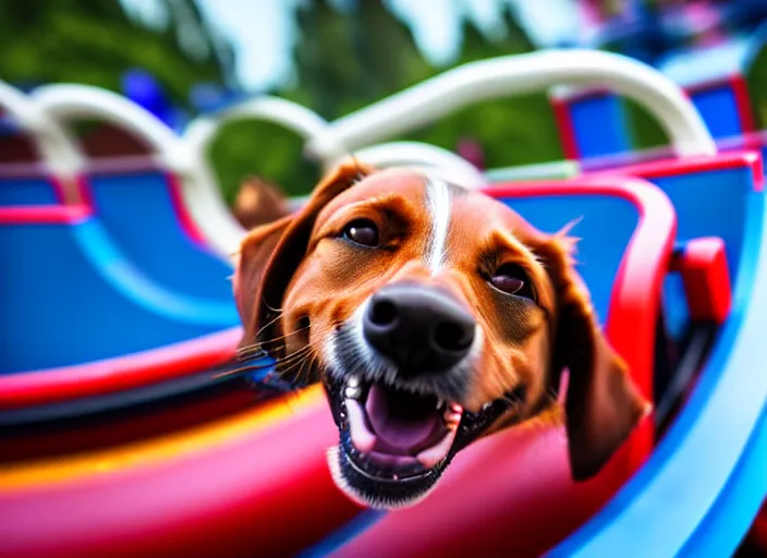 Image similar to film still of a dog riding a roller coaster in disneyland paris, 8 k