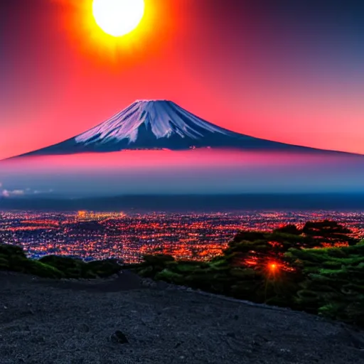 Image similar to mount fuji orange sun's rising from the horizon, 8 k, volumetric lighting, intricate, highly detailed, clear focus, beautiful, award winning, vivid color, real life