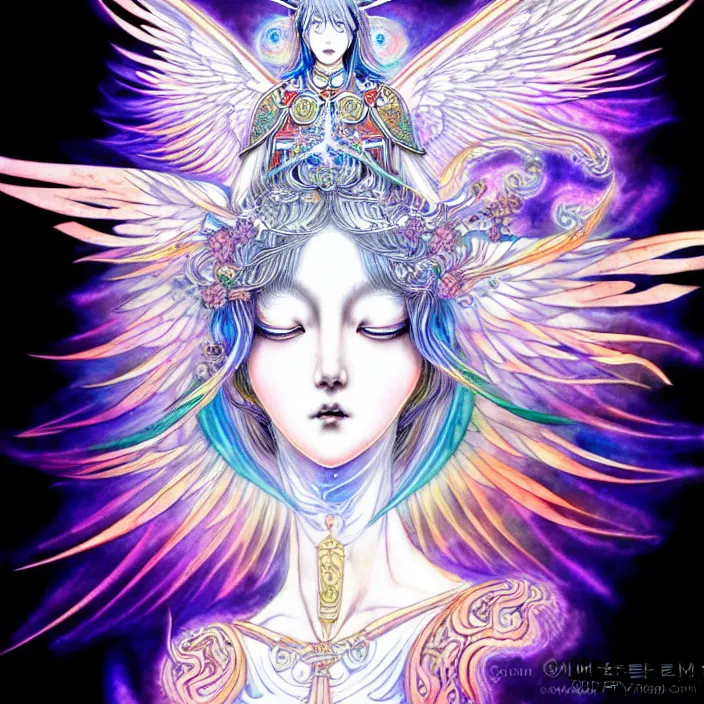 Image similar to stylized art of an psychedelic angelic celestial being by jung gi kim, trending on pixiv, anime style, winged head, white gold skin, ayahuasca, sacred geometry, esoteric art, watercolor