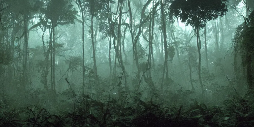 Image similar to film still of a dark research outpost in a moist foggy jungle, science fiction, ridley scott, lights through fog, futuristic outpost building, wet lush jungle landscape, dark sci - fi, 1 9 8 0 s, ridley scott