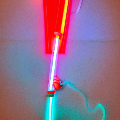 Image similar to an extremely high quality photo of a surreal neon-lightsaber-sandwich, the polymer clay neon tube ((sandwich)) creation, a hybrid mixture of sandwichlightsaberneons and lightsaber neon sign fillings, neon tubes drizzled on top, lightsaber filling, promotional photo, 4k polymer clay food photography