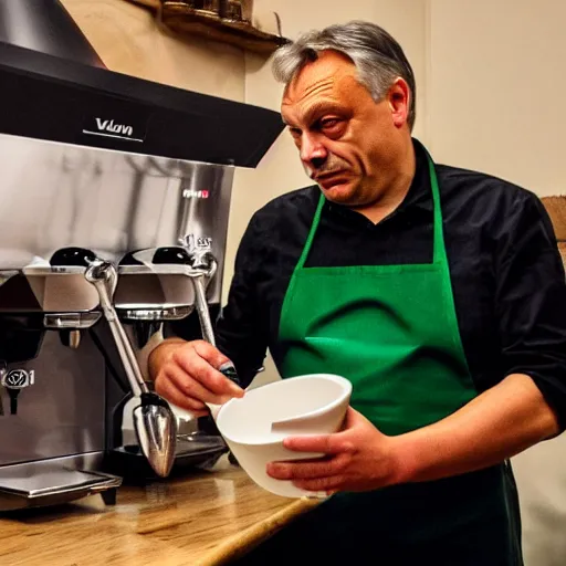 Prompt: viktor orban making specialty coffee, oil painting