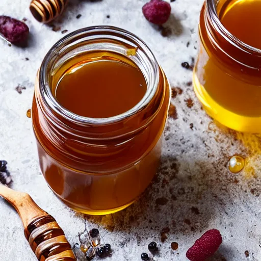 Image similar to dingleberry honey, honey with fresh dingleberries floating inside, food photography