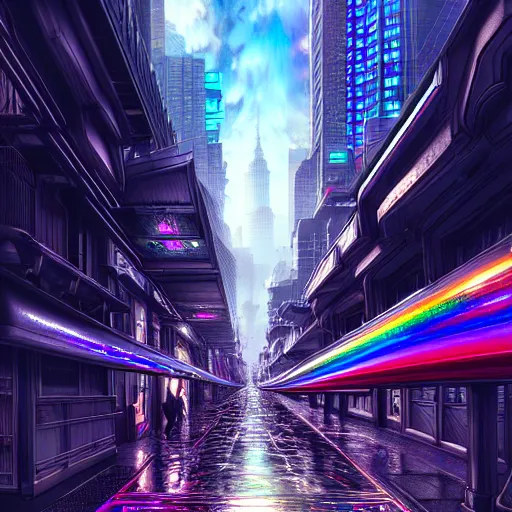 Image similar to hyperdetailed city streets metals and shiny iridescent gems, dark rainbow nimbus, inspired by ross tran and masamune shirow and kuvshinov, intricate, photorealistic, octane render, rtx, hdr, unreal engine, dnd digital art by artgerm