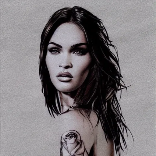 Prompt: double exposure tattoo design sketch of megan fox with beautiful mountain scenery, hyper - realistic, in the style of den yakovelev, amazing detail, sharp