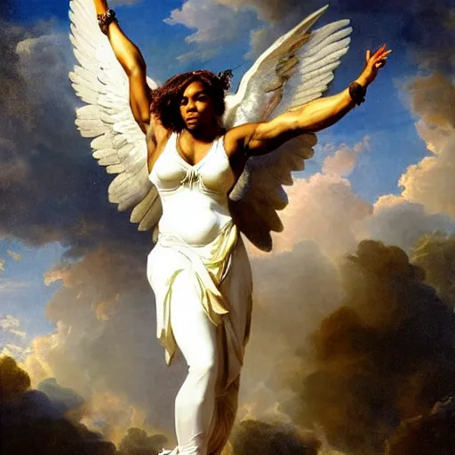 Image similar to Portrait of Serena Williams with wings as Nike Goddess standing proud, large wings, luxuriant, dreamy, eternity, romantic, strong pose, highly detailed, in the style of Franz Xaver Winterhalter, highly detailed, in the style of Aetherpunk