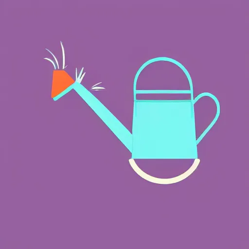 Image similar to a woman holding a watering can on top of a light blue flower that is on top of a plant pot, is dripping three drops of water from the watering can, flat design, flat colors, illustration