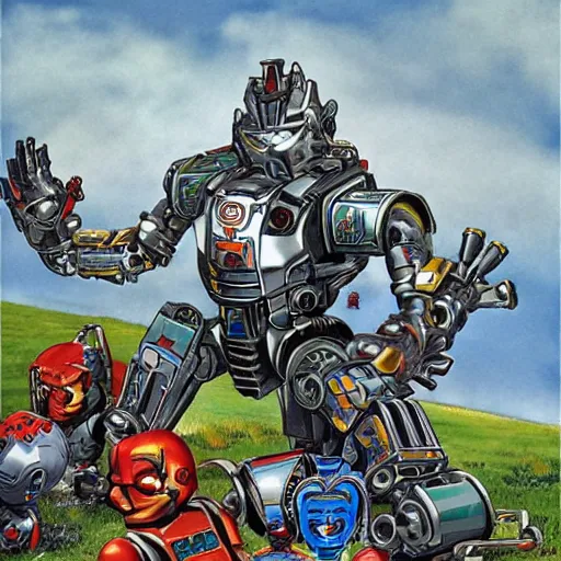 Image similar to bionicles fight to the death at gettysburg american gothic style