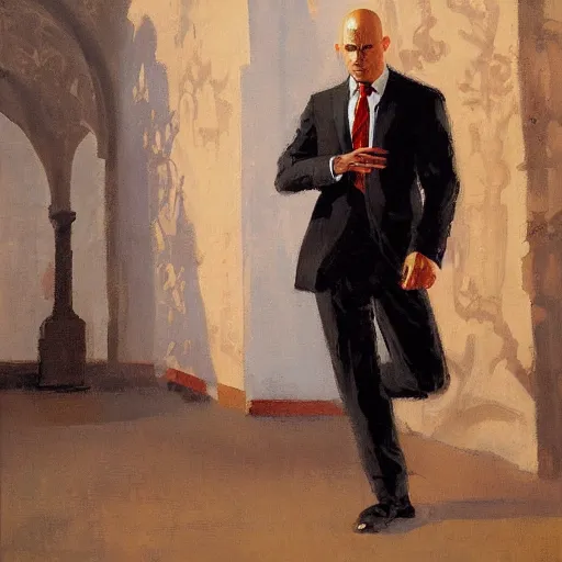 Image similar to a portrait of agent 4 7 from hitman playing a guitar in a monestary, by gregory manchess, james gurney, james jean