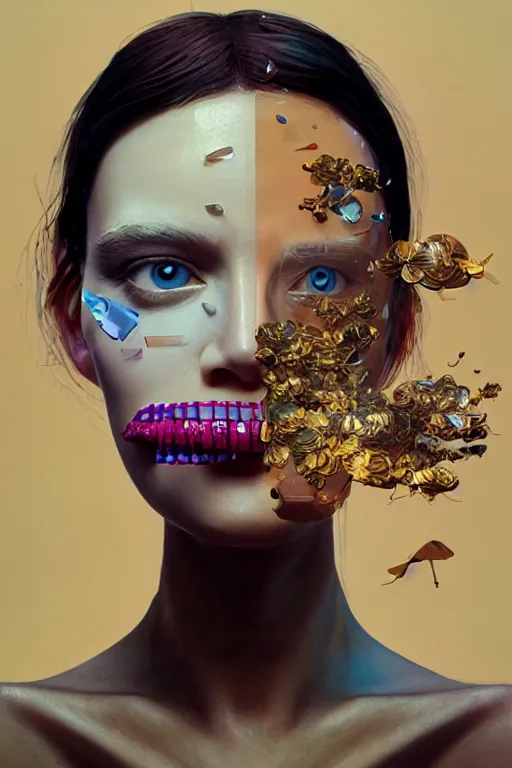 Image similar to 3 d, close - up, happy fashion model, plastic, tears, poster art, intricate oil painting, high detail, figurative art, multiple exposure, poster art, 3 d, by stanley kubrick and tooth wu and wlop and beeple
