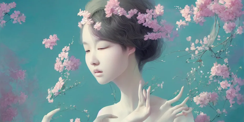 Image similar to highly detailed pastel colors of an ethereal asian beauty morphing gradually into flowers, by artgerm and hsiao - ron cheng, smooth composition, fine patterns and detail