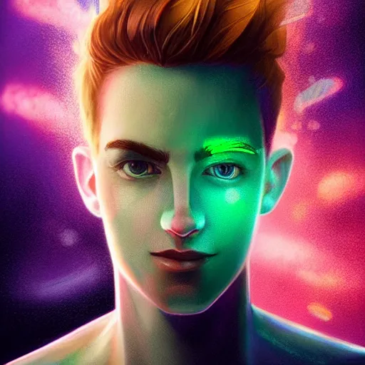 Prompt: bust of a light haired young man with a scar across his left eye has an epic idea, rainbowpunk, scandalpunk, high detail, concept art, neon color, vivid color, floating particles, glowing green eyes, spiral smoke, background by john harris + andreas rocha, artwork by charlie bowater + artgerm + anato finnstark + ross tran